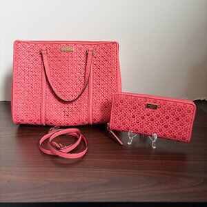 Kate Spade Romy Newbury Lane Caning Bag Crossbody Coral Leather Tote with Wallet